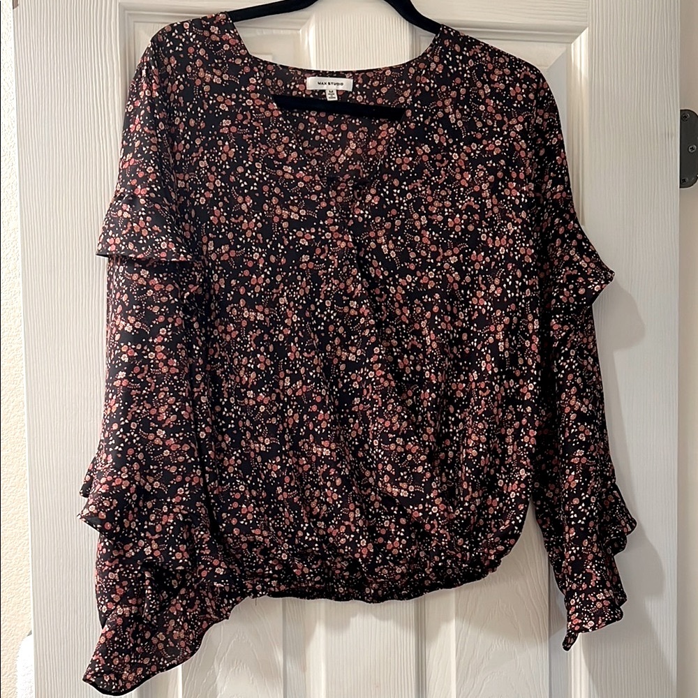 Max Studio Asymmetrical Black Ruffled Blouse Size Medium